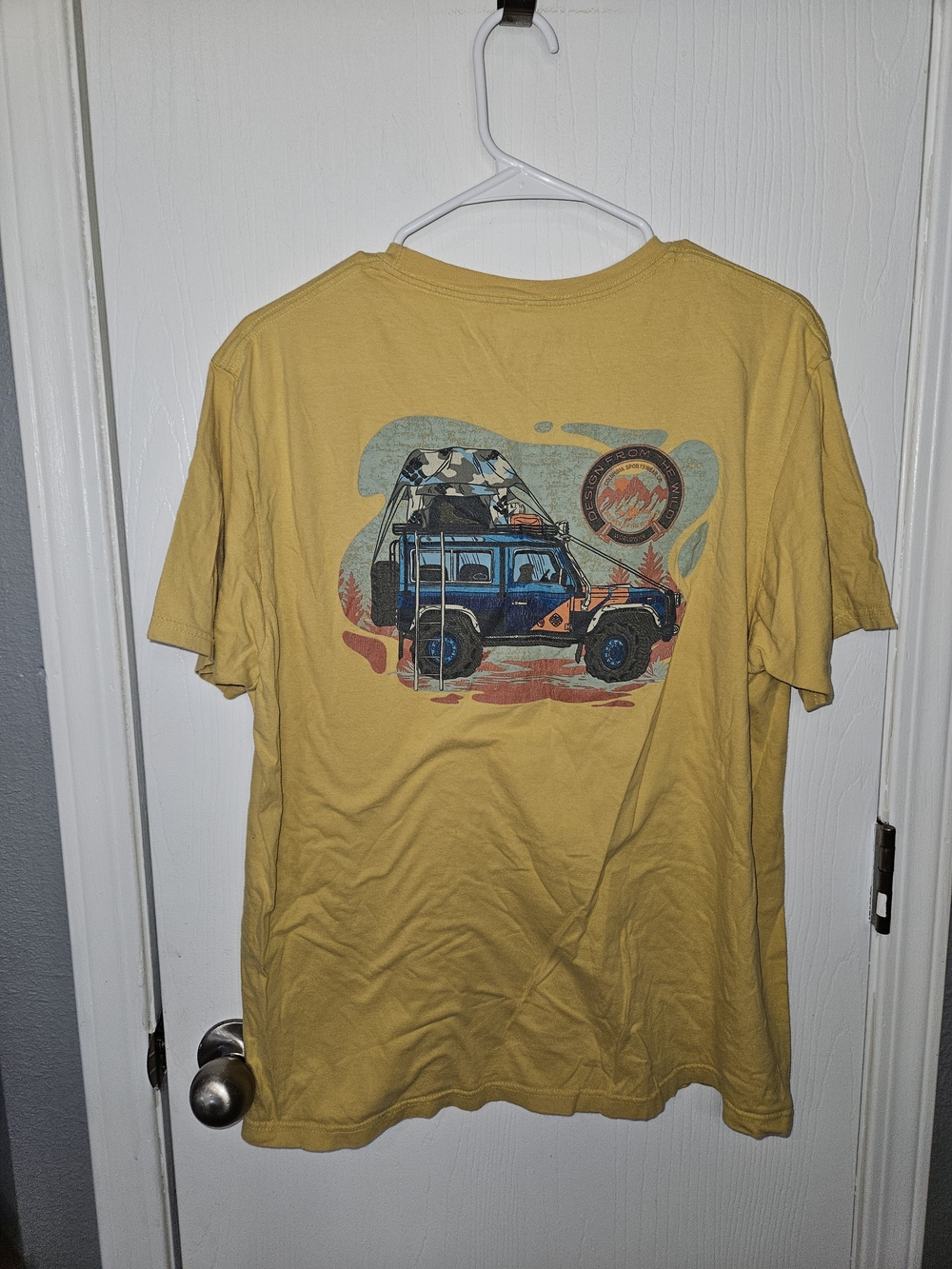 Columbia Yellow Short-Sleeve Shirt with Blue Off-Road Vehicle Graphic